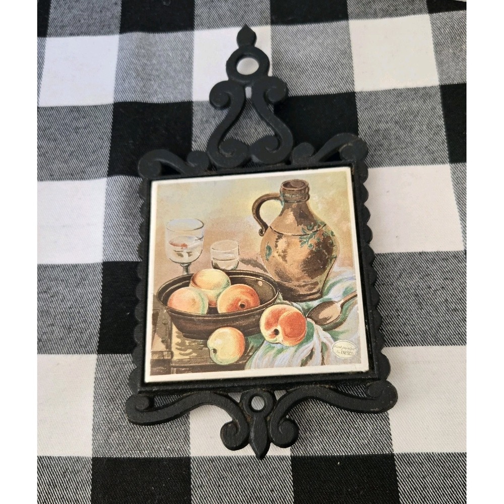Enesco‎ Cast Iron & Tile Trivet Wall Hanging Bowl Peaches Jug Made In Japan
